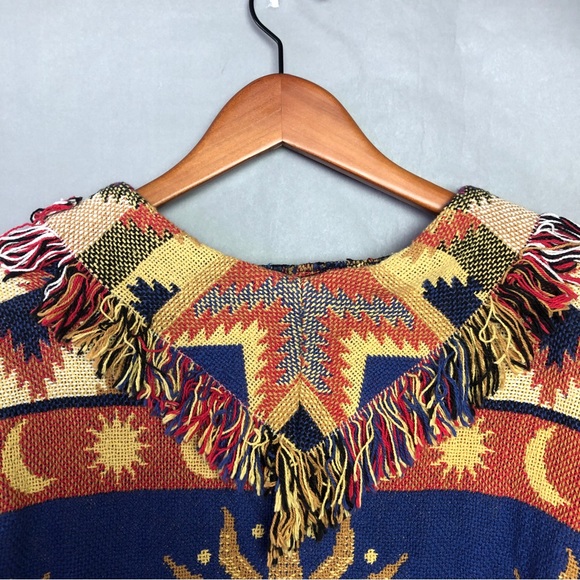 VTG Celestial Tapestry Jacket Blue Orange Sun Face Stars Moon Fringe Aztec - Picture 7 of 9